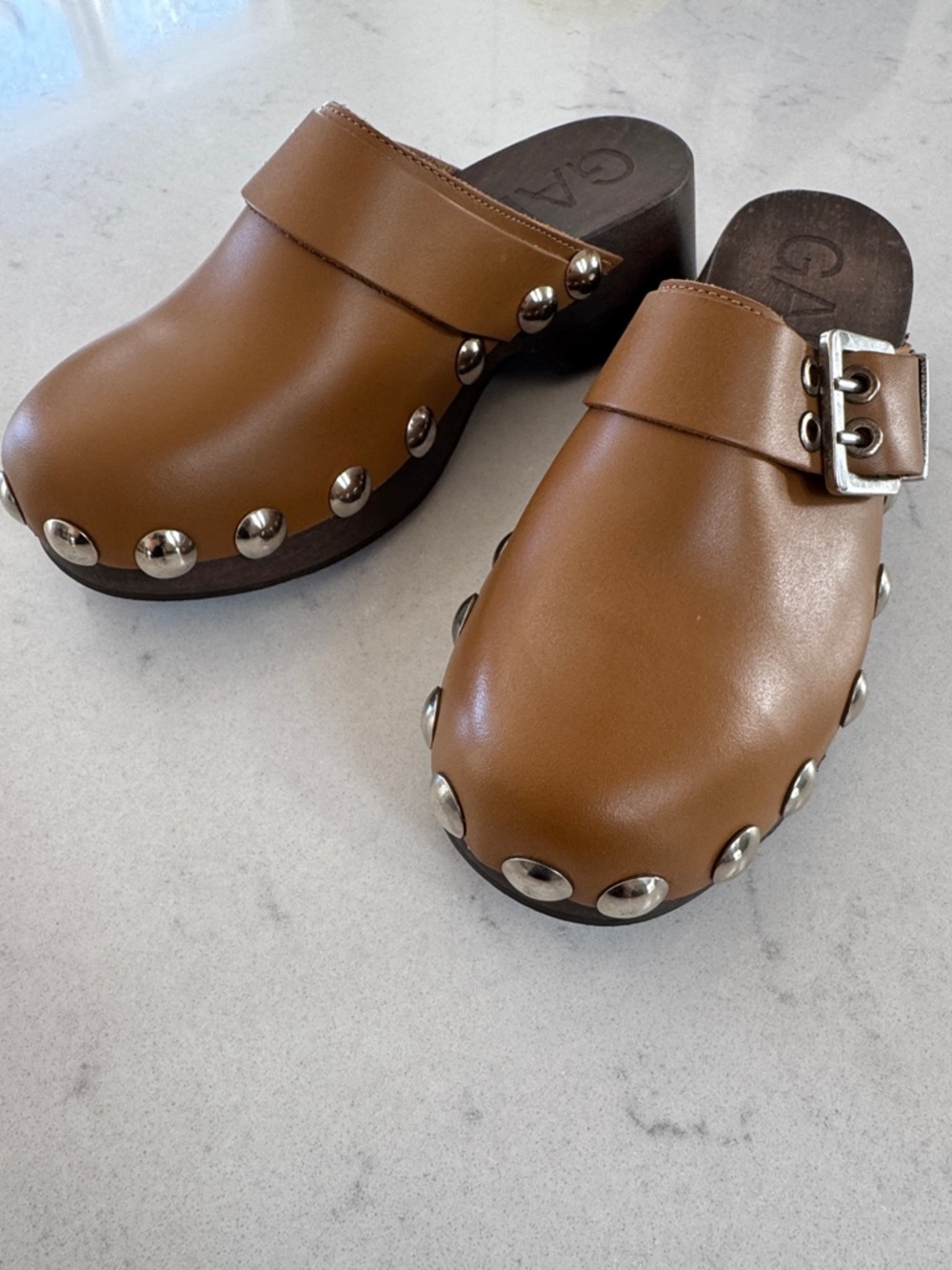 Ganni Tan Leather Studded Clog Mules with Silver Buckle